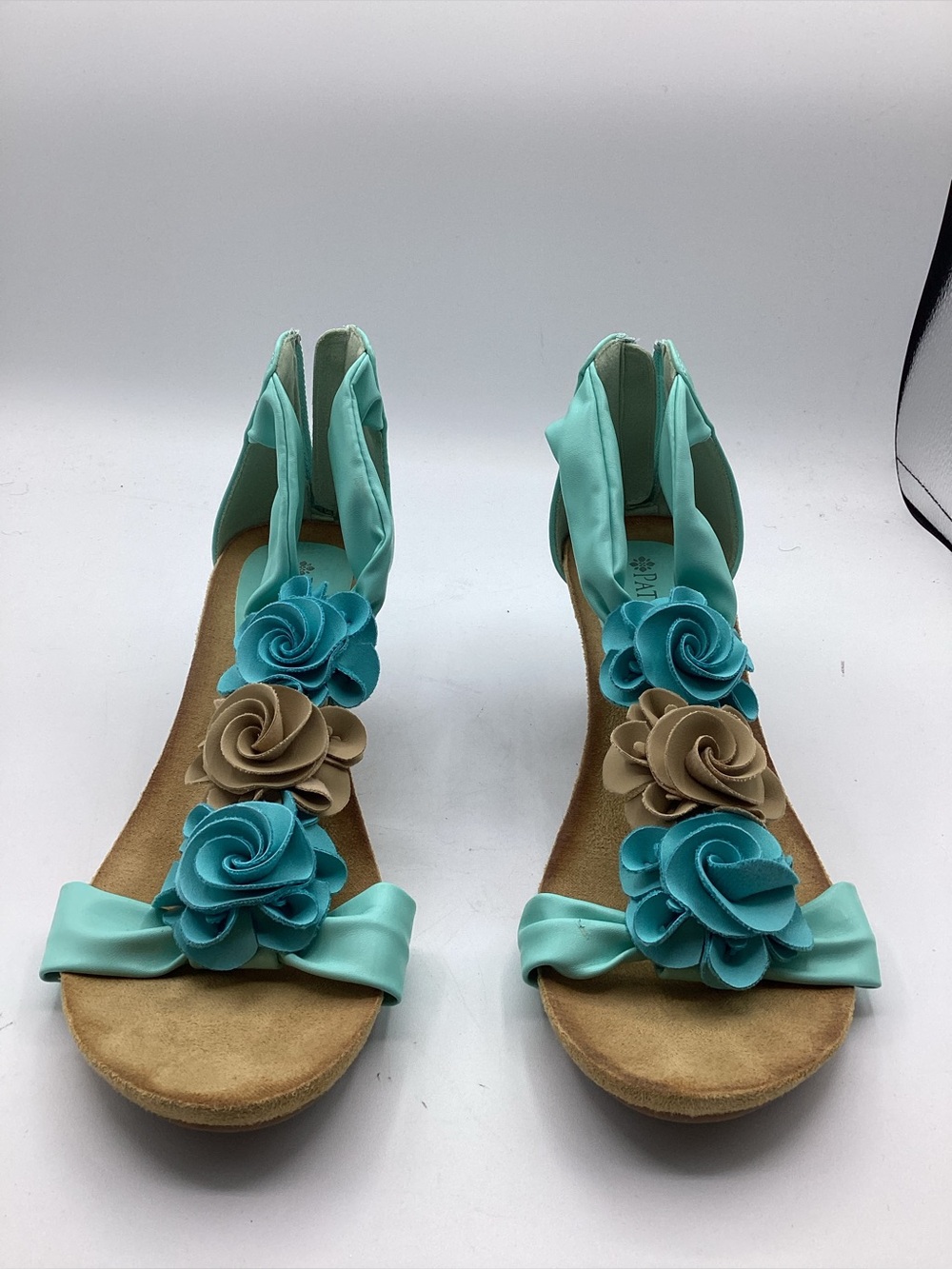 Patrizia Spring Step Harlequin Aqua Blue Multi T-strap Wedge Sandals Size 9 / 40